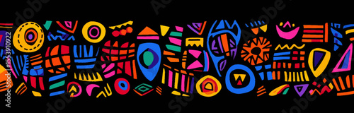 Geckos and ornaments are creatively arranged in a hand-drawn African pattern on an abstract background, making it great for modern designs on textiles, wrapping, and wallpaper