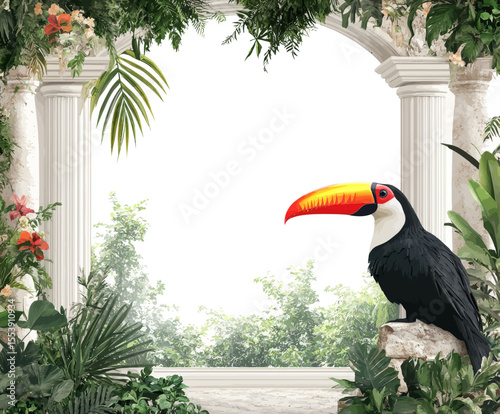 The illustration features a jungle tropical frame and modern cartoon paradise background, with a Mayan stone totem face, toucan, tree, and liana, surrounded by an exotic nature floral illustration of