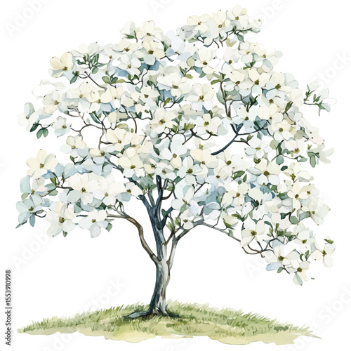 Dogwood Tree Gentle Light, watercolor illustration vector, isolated on a white background.
