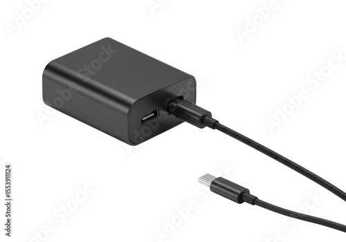 Compact USBC Power Adapter with Cable isolated on transparent background