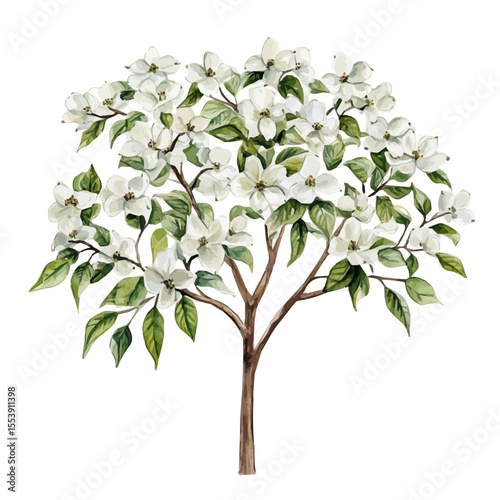watercolor vector of Dogwood Tree Gentle Light, isolated on a white background.