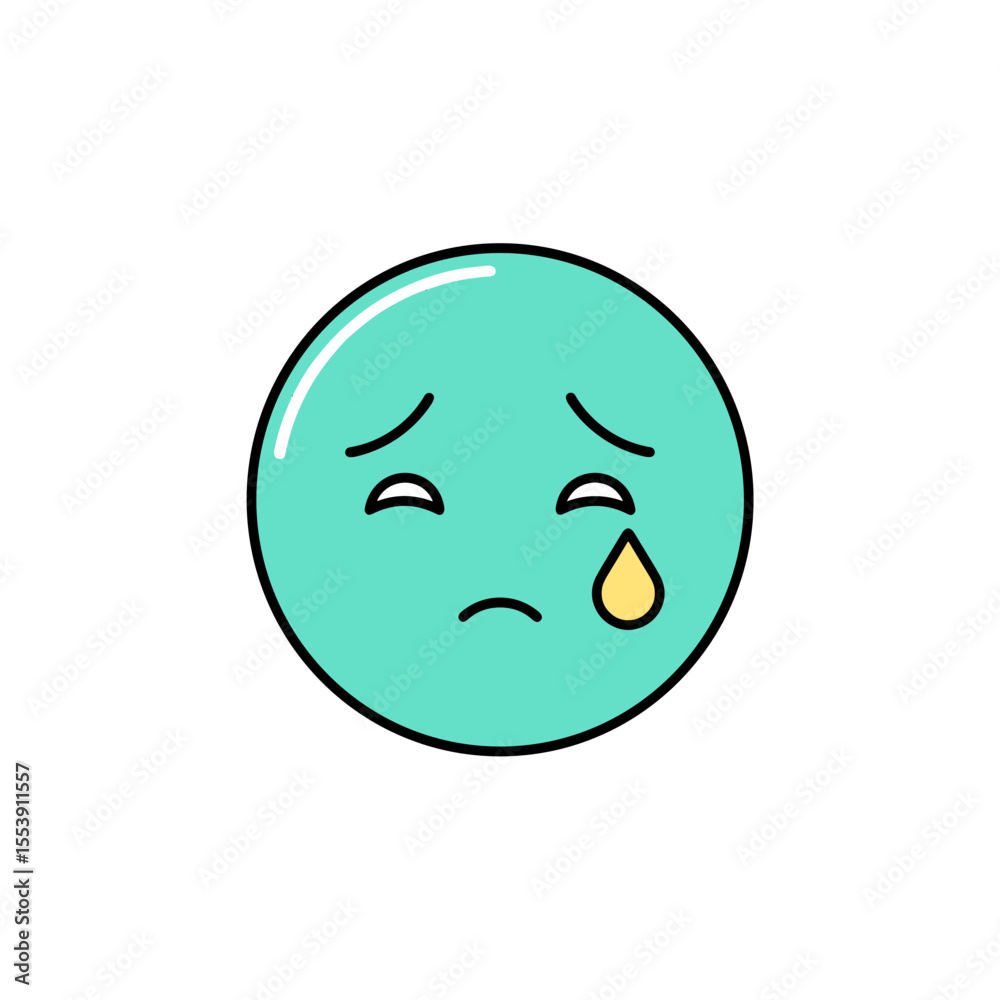 Fototapeta premium Sad cartoon face with tear expressing emotions in meme culture and reactions 