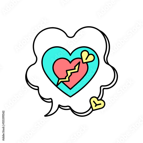 Heart graphic with a crack inside a speech bubble representing emotions and meme culture  