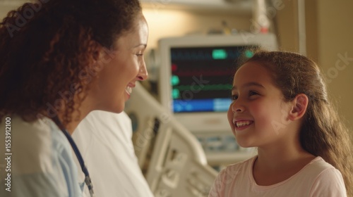 A smiling nurse comforts a young girl beside medical monitors, capturing a heartwarming moment of care, support, and human connection in healthcare.