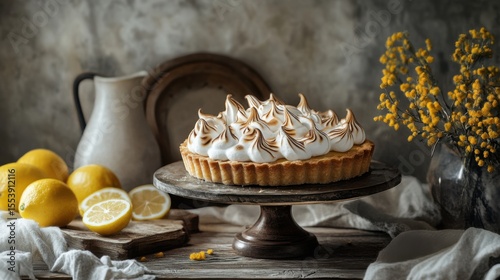 Rustic lemon tart topped with golden meringue sits beside citrus and flowers, styled for vintage food photography with a cozy, handmade dessert look.