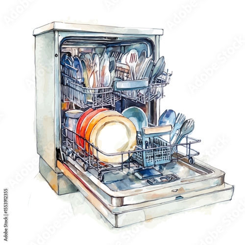 Dishwasher, watercolor vector, isolated on a white background.