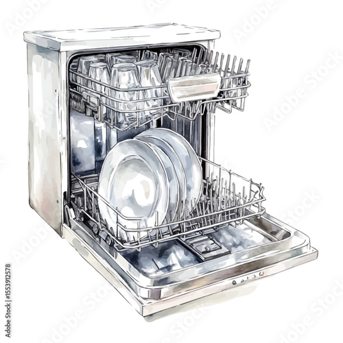 Dishwasher, watercolor drawing vector, isolated on a white background.
