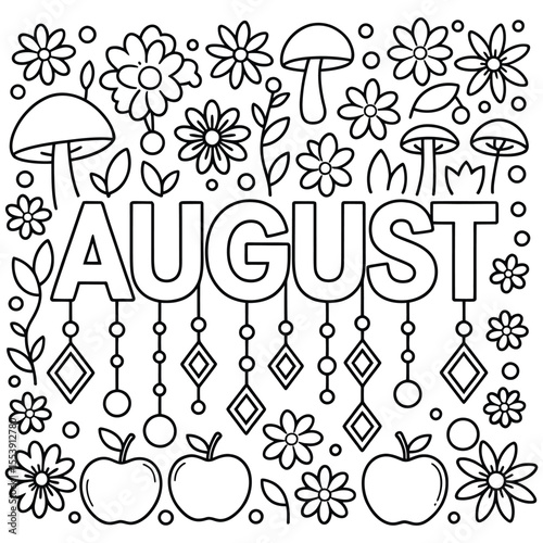August Month Coloring Page Outline with Flowers Mushrooms Apples Decorative Elements