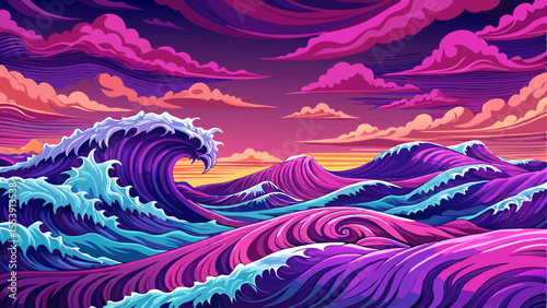 sea waves at sunset time with beautiful sky and clouds cartoon, ocean wallpaper