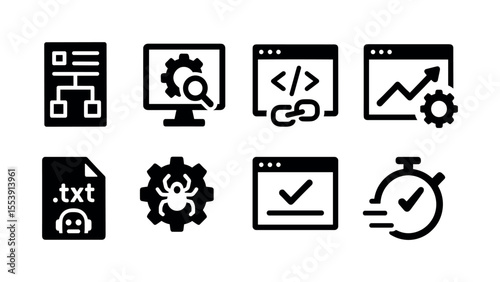 Seo, web development filled icon set. optimization, analytics tools icon collection