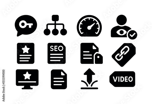 Seo, website solid icon set. search optimization, analytics tools collection