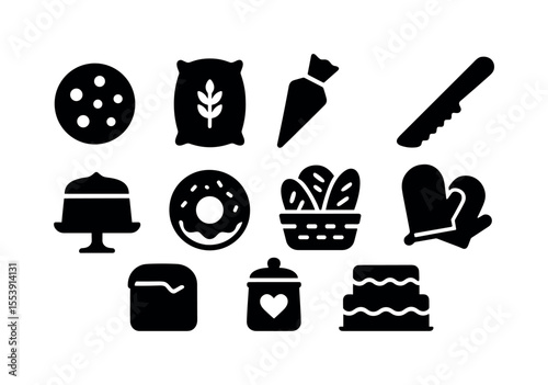Baking, cooking solid icon set. kitchen essentials in simple black silhouettes