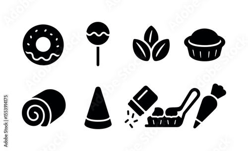 Bakery and sweets solid icon set. donut, lollipop, and cake icons collection