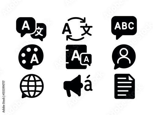 Language and translation filled icon set. communication, globalization icons collection