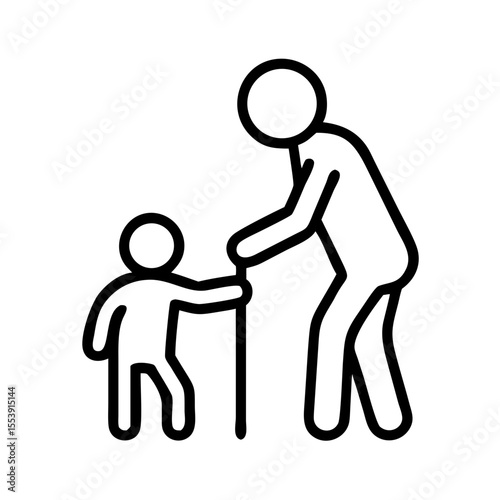 Elderly man guiding child while holding a cane in simple outline style  