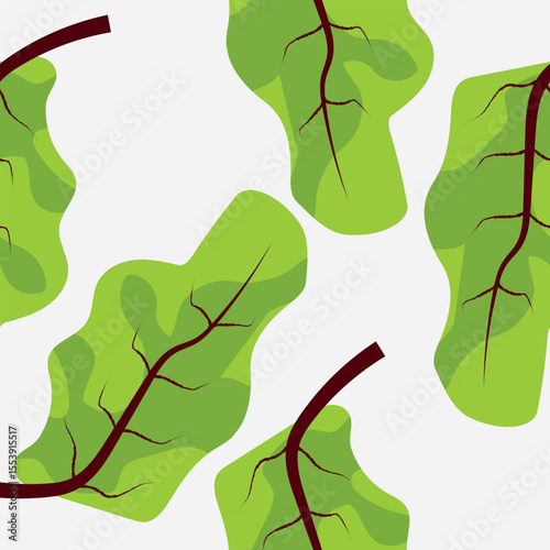Seamless vector pattern featuring beet greens with vivid red veins on a soft gray background. Perfect for eco-friendly packaging, kitchen textiles, or backgrounds for farm-to-table themed designs.