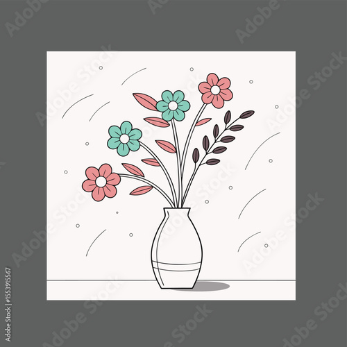Simple Vase with Coral & Teal Flowers  Pastel Flat Vector & Grain.