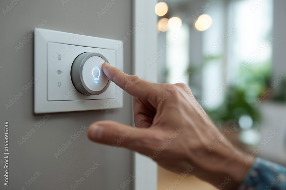 Naklejka premium Smart home control panel: hand adjusting smart home lighting settings