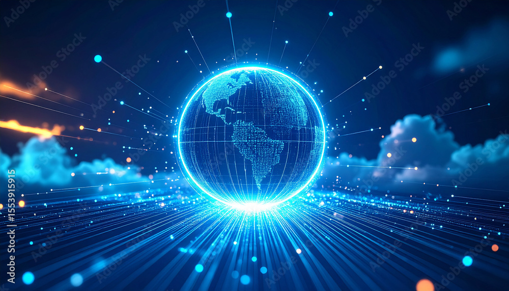 Obraz premium Glowing AI Sphere Floating in Cloud Data Environment. AI themed Background. Generated Image