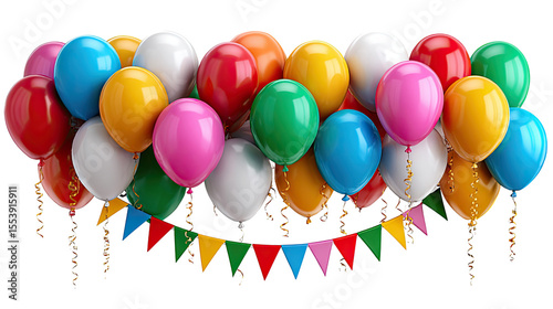 Balloons Celebration: A vibrant collection of colorful balloons, floating joyfully amidst a festive banner. Balloons create an atmosphere of jubilation and the promise of happy times.