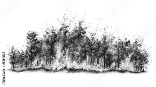 Forest Fire Devastation: The image depicts a harrowing scene of a forest fire raging with intense heat and smoke, transforming lush greenery into a desolate wasteland.