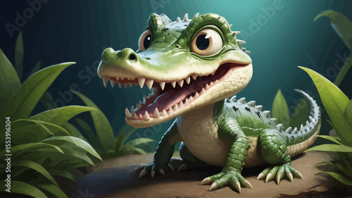 Baby crocodile in a cartoon pose with small teeth and bright eyes 2