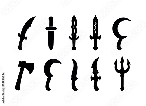 Weapons silhouette icon set. swords, axes, daggers in bold silhouette style