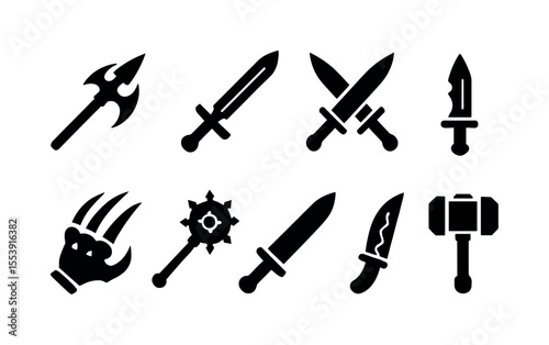 Weapon silhouette icon set. swords, axes, daggers and more silhouette collection