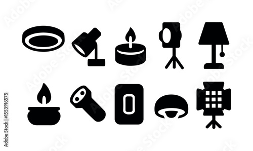 Lighting, lamp solid icon set. home, office lighting symbols solid collection