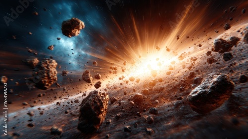 A depiction of an incredible cosmic explosion surrounded by asteroids in space, illustrating the powerful forces and beauty of the universe in vivid detail.