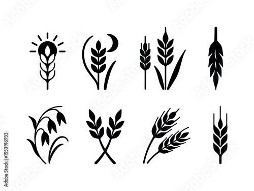 Nature and agriculture silhouette icon set. harvest, farming symbols in silhouette style