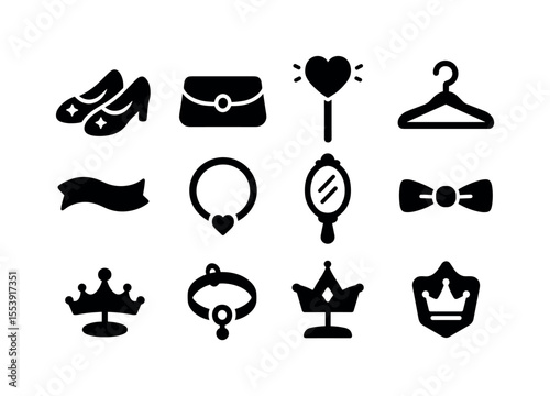 Fashion and accessories solid icon set: clothing, jewelry, elegance essentials