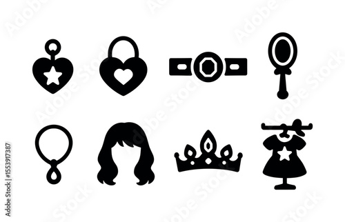 Fashion accessories solid icon set. jewelry, outfit, mirror icons collection