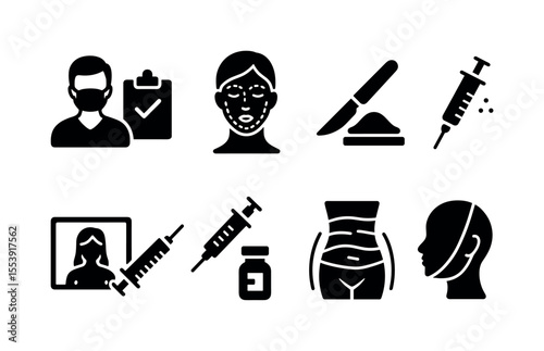 Cosmetic surgery silhouette icon set: medical, procedure, aesthetic symbols collection
