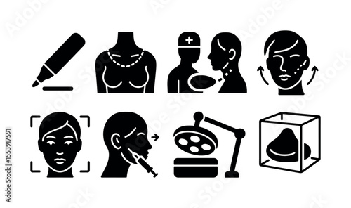 Plastic surgery silhouette icon set. cosmetic enhancement, medical procedures icons
