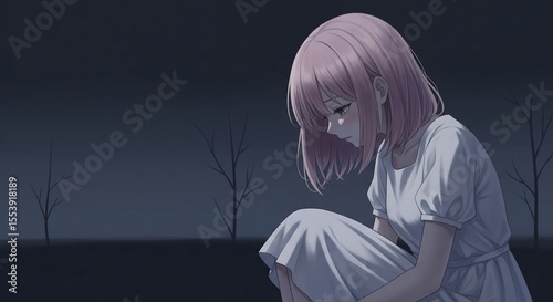 Anime-style image of a sad girl with pink hair, huddled in a white dress against a dark background with sparse trees. She is looking down, expressing loneliness.