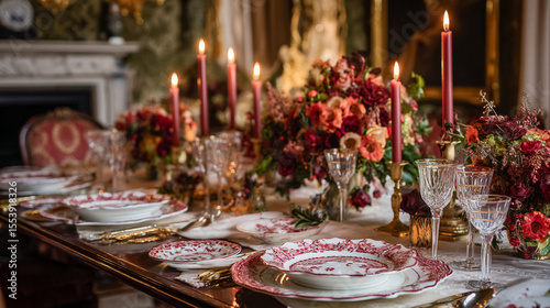 Elegant English dining tables styled with flickering candlelight, floral centrepieces, crystal glassware and richly layered plates, capturing the warmth of evening gatherings at home, wedding or event