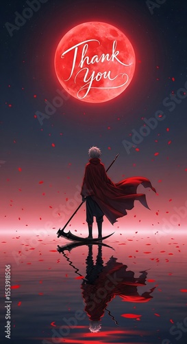 Anime style image with Thank You written on a large red moon, a cloaked character holding a scythe reflected in water. Romantic, dramatic scene.