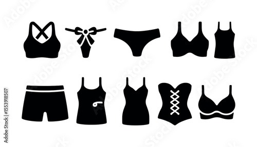 Fashion, clothing silhouette icon set. swimwear, undergarments, apparel in silhouette style