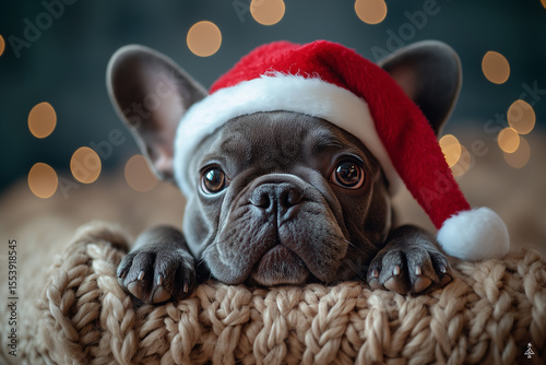 a dark ash French bulldog puppy on a red bed in a Christmas hat. Christmas card
