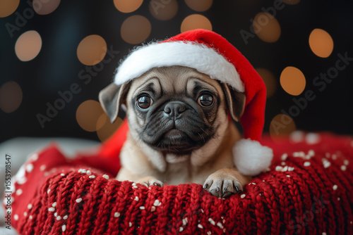 a pug puppy on a red bed in a Christmas hat