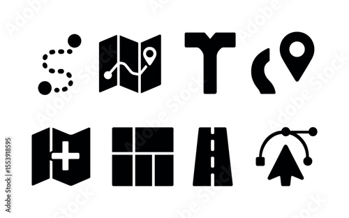 Navigation and map silhouette icon set. gps, direction symbols for travel and logistics