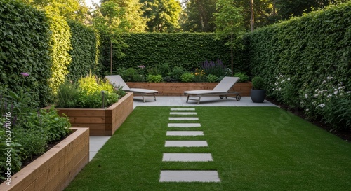 Elegant backyard garden with wooden planters and lounge chairs