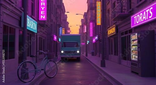 City street at dusk with neon signs, a delivery truck, and a bicycle. Purple and orange hues dominate.