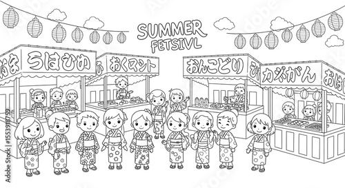 Wallpaper Mural Children in kimonos at a summer festival with food stalls and lanterns isolated on transparent background Torontodigital.ca