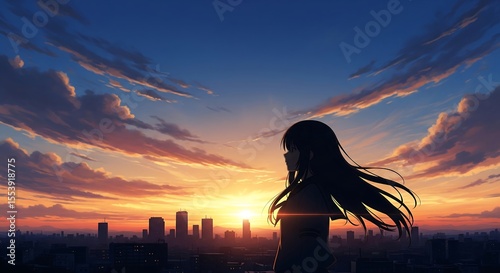 Anime girl silhouette facing sunset city skyline. Beautiful sky with clouds. Dark hair blowing in the wind, looking towards vibrant, warm horizon.
