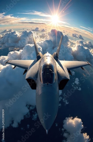 sleek fighter jet soaring above fluffy clouds against sunlit sky. aviation technology and speed concept. aircraft innovation, travel inspiration, military theme. print design, educational material.