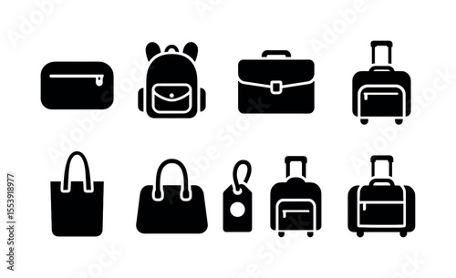 Travel bags silhouette icon set. luggage, backpack symbols in silhouette style