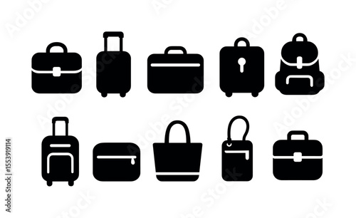 Luggage, travel silhouette icon set. suitcase, backpack, bag silhouette collection