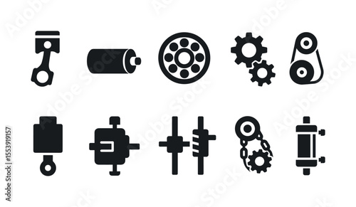 Automotive engineering solid icon set. vehicle parts and machinery tools collection